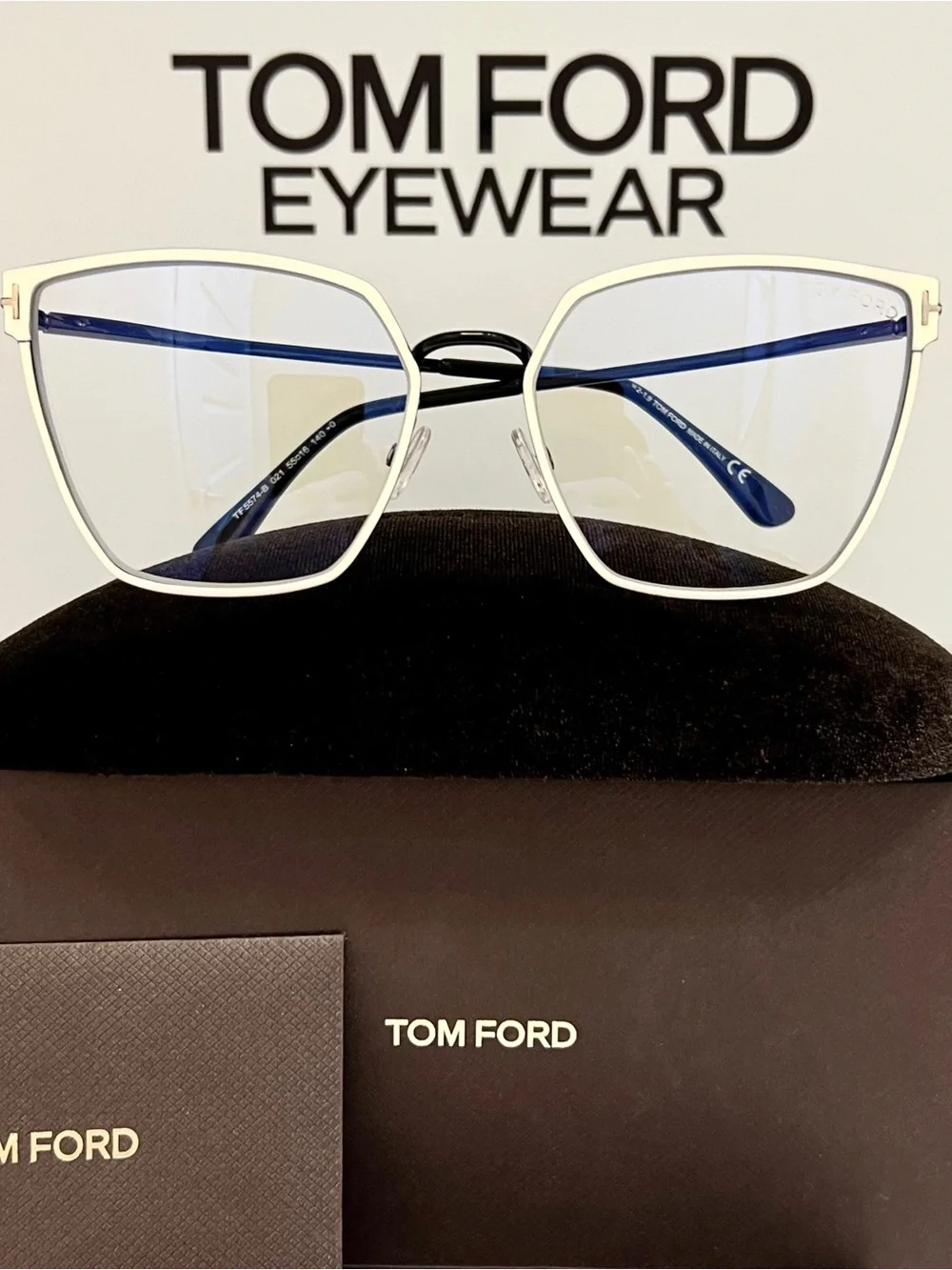 Tom Ford TF5574-B 021 Blue Block Eyeglasses – White/Black Designer Luxury Frames